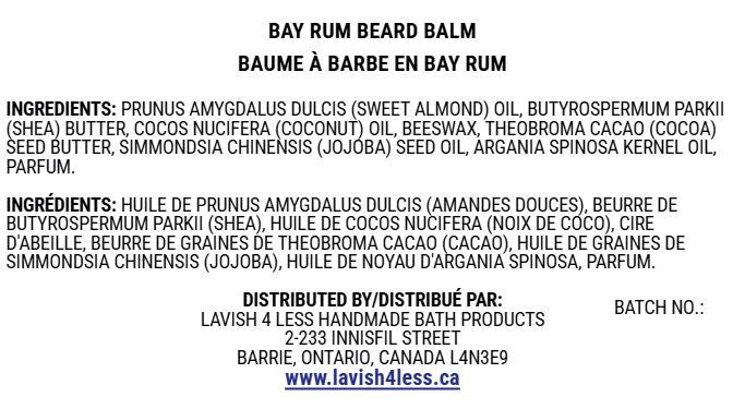 Front of the Bay Rum Beard Balm info card showing the full ingredient list and Lavish 4 Less distribution details on a clean white background.