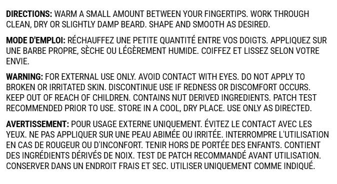 Back of the Bay Rum Beard Balm info card displaying directions for use and standard cosmetic safety warnings on a clean white background.