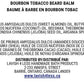 Bourbon Tobacco Beard Balm ingredient card listing shea butter, beeswax, almond oil, jojoba oil, argan oil, castor oil, vitamin E.