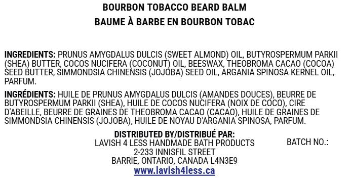 Bourbon Tobacco Beard Balm ingredient card listing shea butter, beeswax, almond oil, jojoba oil, argan oil, castor oil, vitamin E.