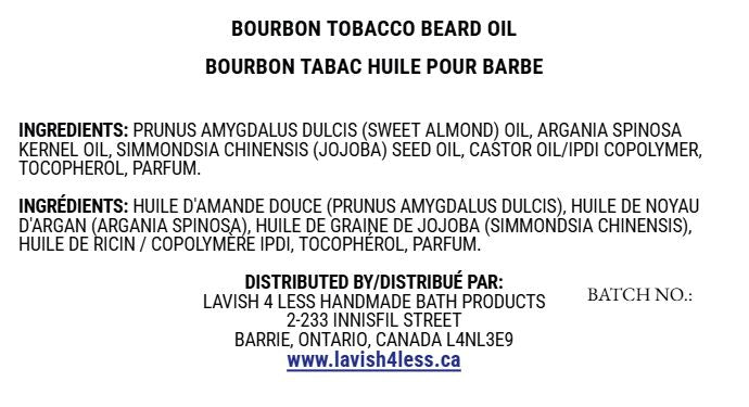 Front of the Bourbon Tobacco Beard Oil info card showing the full ingredient list and Lavish 4 Less distribution details on a clean white background.
