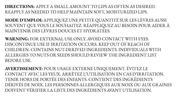 Back of Bubble Gum Lip Balm info card displaying bilingual directions for use and safety warnings on a white background.