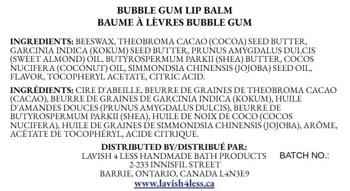 Front of Bubble Gum Lip Balm info card showing full INCI ingredient list and distributor information on a white background.