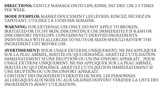 Back of the Bubble Gum Sugar Lip Scrub info card displaying directions for use and safety warnings in English and French on a clean white background.