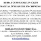 Front of the Bubble Gum Sugar Lip Scrub info card showing the full ingredient list and distribution details on a clean white background.