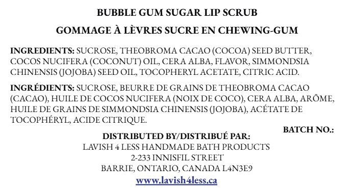 Front of the Bubble Gum Sugar Lip Scrub info card showing the full ingredient list and distribution details on a clean white background.