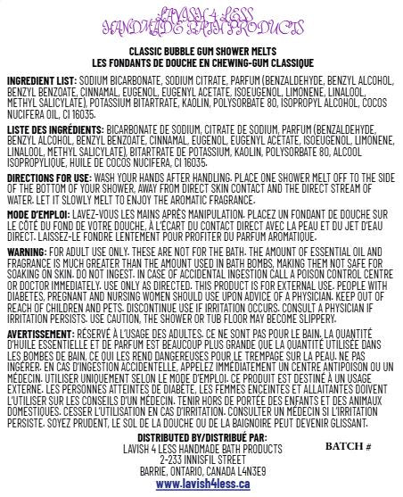 Classic Bubble Gum Shower Melts label showing bilingual ingredients, directions, warnings, and distributor information on a white background with a purple decorative title.