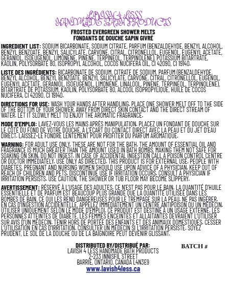 Frosted Evergreen Shower Melts label showing bilingual ingredients, directions, warnings, and distributor information on a white background.