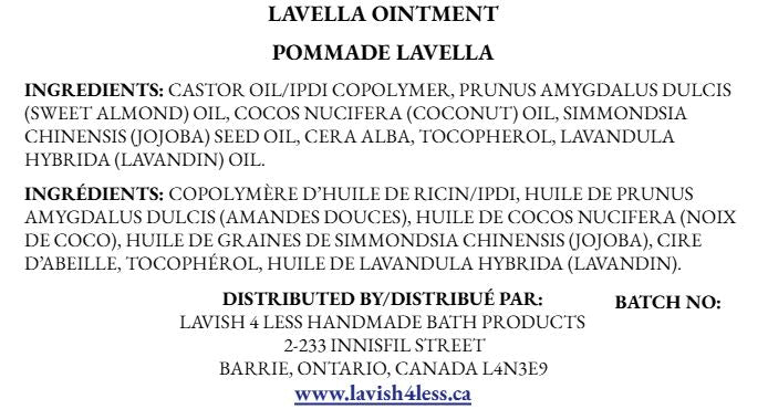 Close‑up of the Lavella Ointment product label showing bilingual ingredients, Lavandin essential oil listing, and Lavish 4 Less branding on a metal tin.