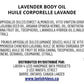 Lavender body oil label with ingredients and distribution information on a white background