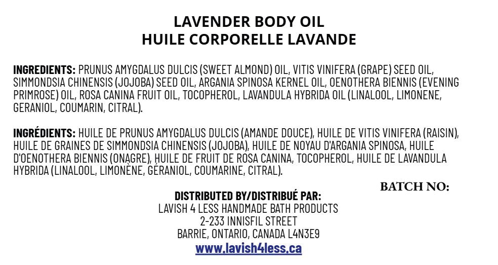 Lavender body oil label with ingredients and distribution information on a white background