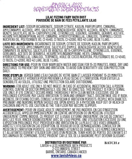 Back label of Lilac Fizzing Fairy Bath Dust showing ingredients, directions, warnings, and product details on a single printed panel.