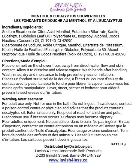 Menthol & Eucalyptus Shower Melts info card showing the full ingredient list, directions for use and safety warnings in English and French and distribution details on a clean white background.