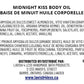 Front of Midnight Kiss Body Oil info card featuring full INCI ingredient list and distribution details.