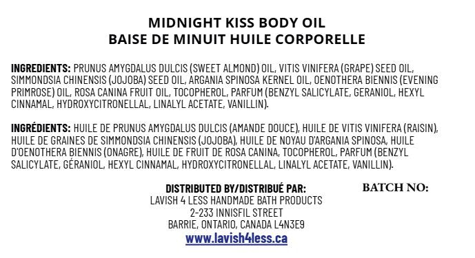 Front of Midnight Kiss Body Oil info card featuring full INCI ingredient list and distribution details.