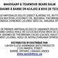 Front of the Mahogany & Teakwood Beard Balm info card showing the full ingredient list and Lavish 4 Less distribution details on a clean white background.