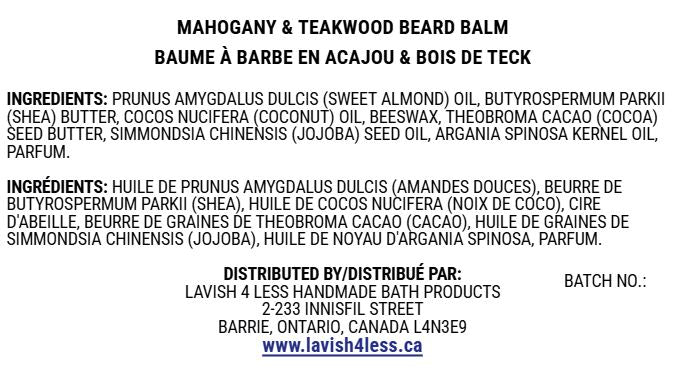 Front of the Mahogany & Teakwood Beard Balm info card showing the full ingredient list and Lavish 4 Less distribution details on a clean white background.
