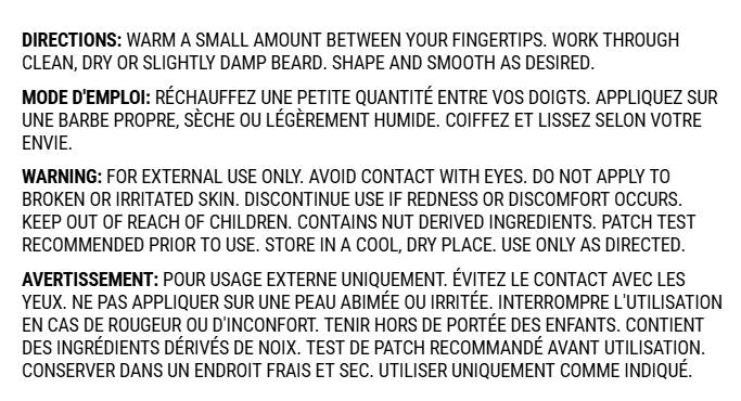 Back of the Mahogany & Teakwood Beard Balm info card displaying directions for use and standard cosmetic safety warnings on a clean white background.