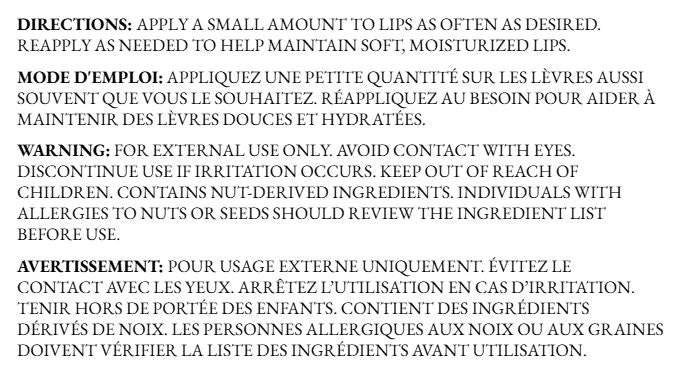 Bilingual lip balm directions and warnings label for Original Velune Lip Balm, showing usage instructions and safety information in a clean, professional layout.