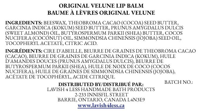 Original Velune Lip Balm ingredient label in English and French, featuring natural butters and oils in a clean, handcrafted product design.