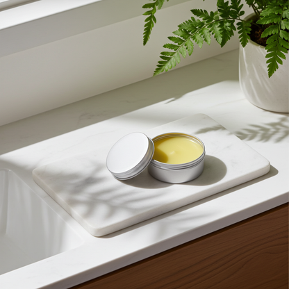 An open tin of Lavella Ointment on a white marble slab beside a bathroom sink, with soft natural light and a potted fern creating a calm, spa‑like setting.