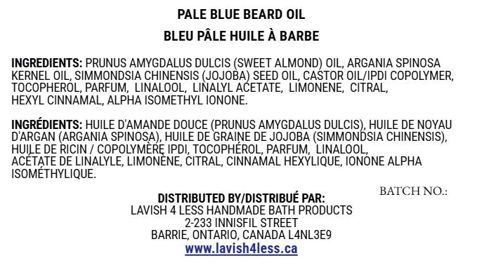 Front of the Pale Blue Beard Oil info card showing the full ingredient list and Lavish 4 Less distribution details on a clean white background.