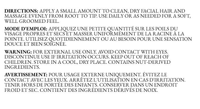 Back of the Pale Blue Beard Oil info card displaying directions for use and standard cosmetic safety warnings on a clean white background.