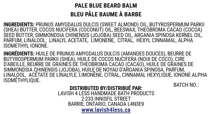 Pale Blue Beard Balm ingredient card listing shea butter, beeswax, almond oil, jojoba oil, argan oil, castor oil, vitamin E.