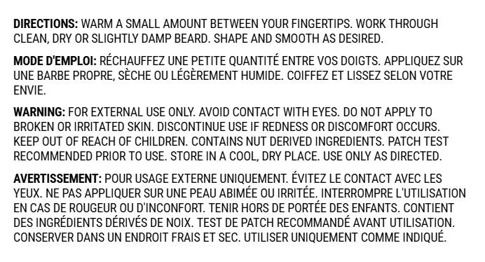 Pale Blue Beard Balm directions and usage card with daily application instructions and standard cosmetic warnings.