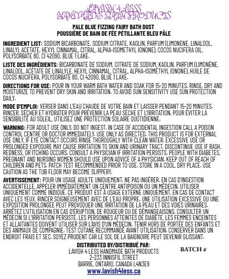 Back label of Pale Blue Fizzing Fairy Bath Dust showing ingredients, directions, warnings, and product details on a single printed panel.