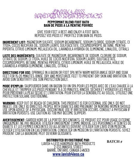 Peppermint Blend Foot Bath label showing ingredients, directions, and warnings for handmade bath product.