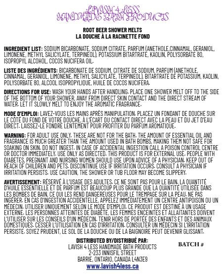 Root Beer Shower Melts label showing bilingual ingredients, directions, warnings, and distributor information on a white background.