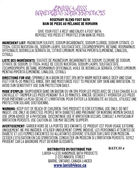 Rosemary Blend Foot Bath label showing ingredients, directions, and warnings for handmade bath product.