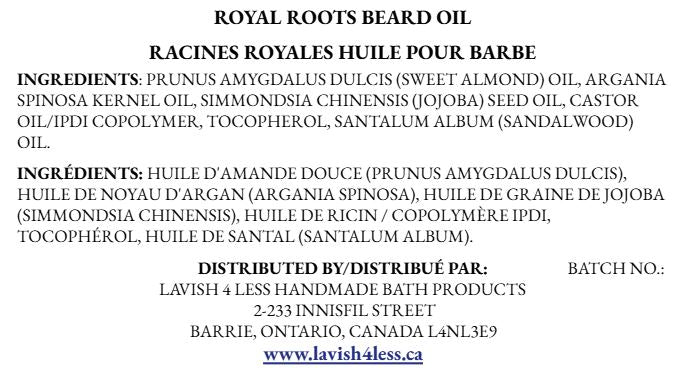 Front of the Royal Roots Beard Oil info card showing the full ingredient list and Lavish 4 Less distribution details on a clean white background.