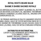 Royal Roots Beard Balm ingredient card listing shea butter, beeswax, almond oil, jojoba oil, argan oil, castor oil, vitamin E.