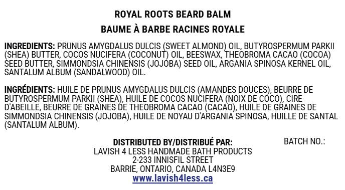 Royal Roots Beard Balm ingredient card listing shea butter, beeswax, almond oil, jojoba oil, argan oil, castor oil, vitamin E.