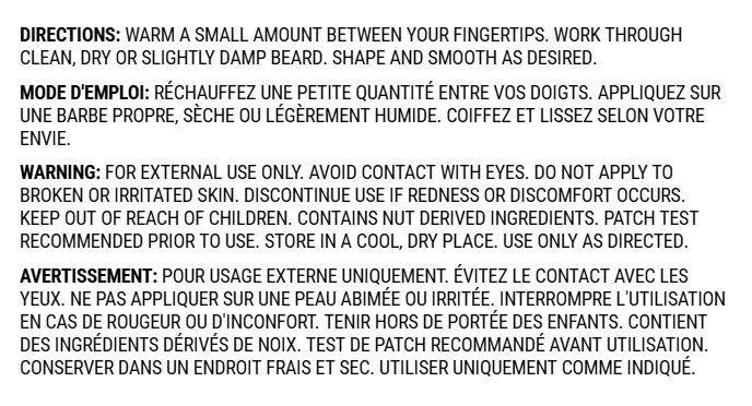 Royal Roots Beard Balm directions and usage card with daily application instructions and standard cosmetic warnings.