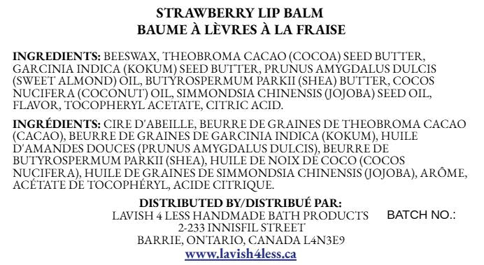 Strawberry Lip Balm ingredient label in English and French, listing natural butters and oils, displayed on a white background with Lavish 4 Less branding.