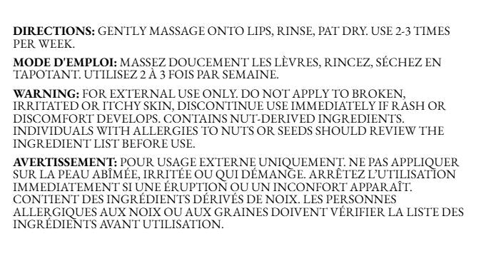 Back of the Sugar Glow Lip Scrub info card displaying directions for use and safety warnings in English and French on a clean white background.