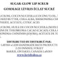 Front of the Sugar Glow Lip Scrub info card showing the full ingredient list and distribution details on a clean white background.