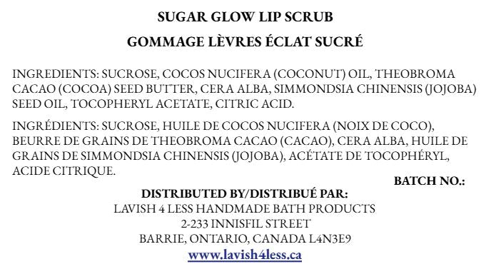 Front of the Sugar Glow Lip Scrub info card showing the full ingredient list and distribution details on a clean white background.