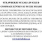 Front of the Strawberry Sugar Lip Scrub info card showing the full ingredient list and distribution details on a clean white background.