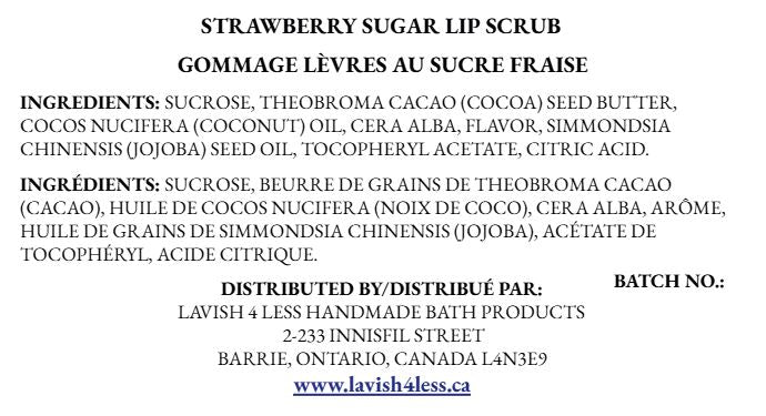 Front of the Strawberry Sugar Lip Scrub info card showing the full ingredient list and distribution details on a clean white background.