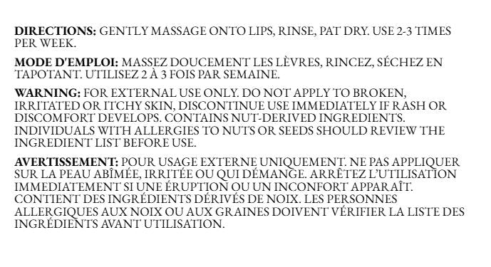 Back of the Strawberry Sugar Lip Scrub info card displaying directions for use and safety warnings in English and French on a clean white background.