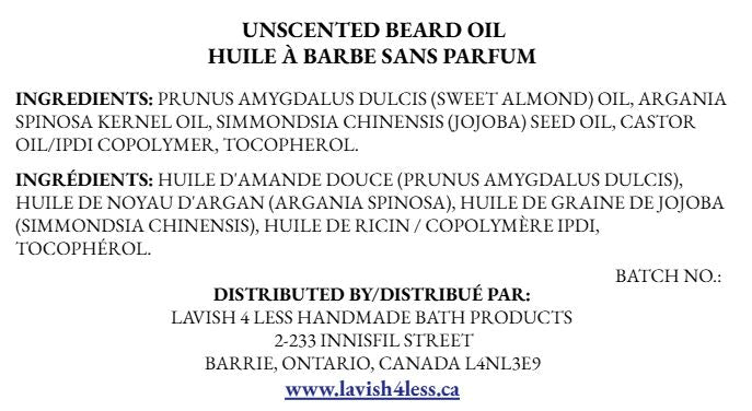 Unscented Beard Oil ingredient card showing almond, argan, jojoba, castor, vitamin E oils and Lavish 4 Less distributor information.