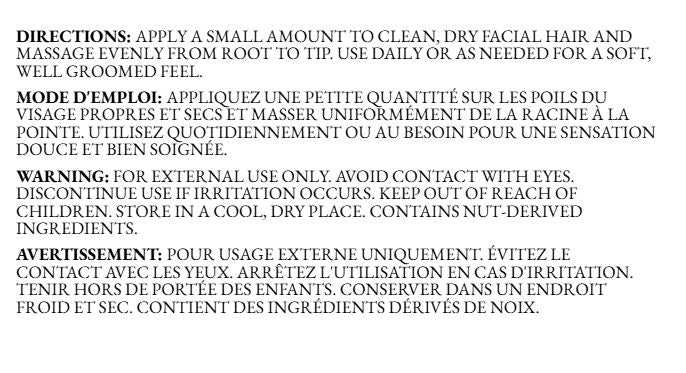 Unscented Beard Oil directions and warning card with usage instructions and standard grooming safety information.