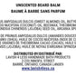 Front of the Unscented Beard Balm info card showing the full ingredient list and Lavish 4 Less distribution details on a clean white background.
