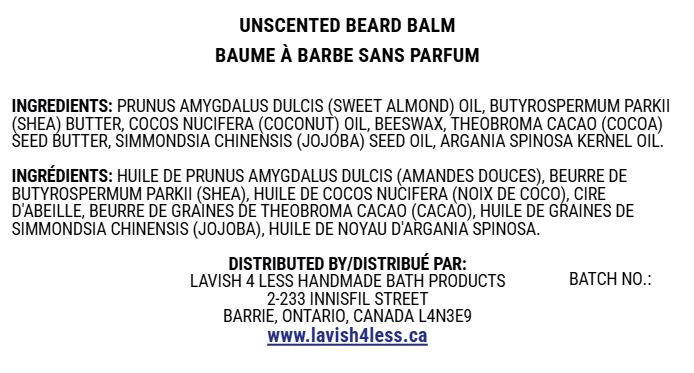 Front of the Unscented Beard Balm info card showing the full ingredient list and Lavish 4 Less distribution details on a clean white background.