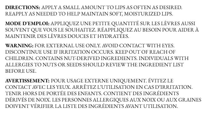 Watermelon Lip Balm directions and safety warnings label shown in English and French.