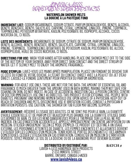 Watermelon Shower Melts label showing bilingual ingredients, directions, warnings, and distributor information on a white background.
